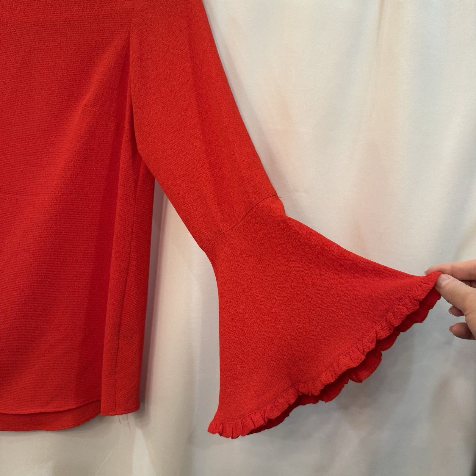 Neiman Marcus Red Solid Ruffle Bell Sleeve Round Neck Pullover Blouse Women's Xs — image 2 of 8